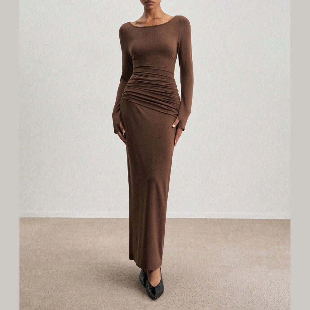 Brown Ruched Boat Neck Long Sleeve Maxi Dress